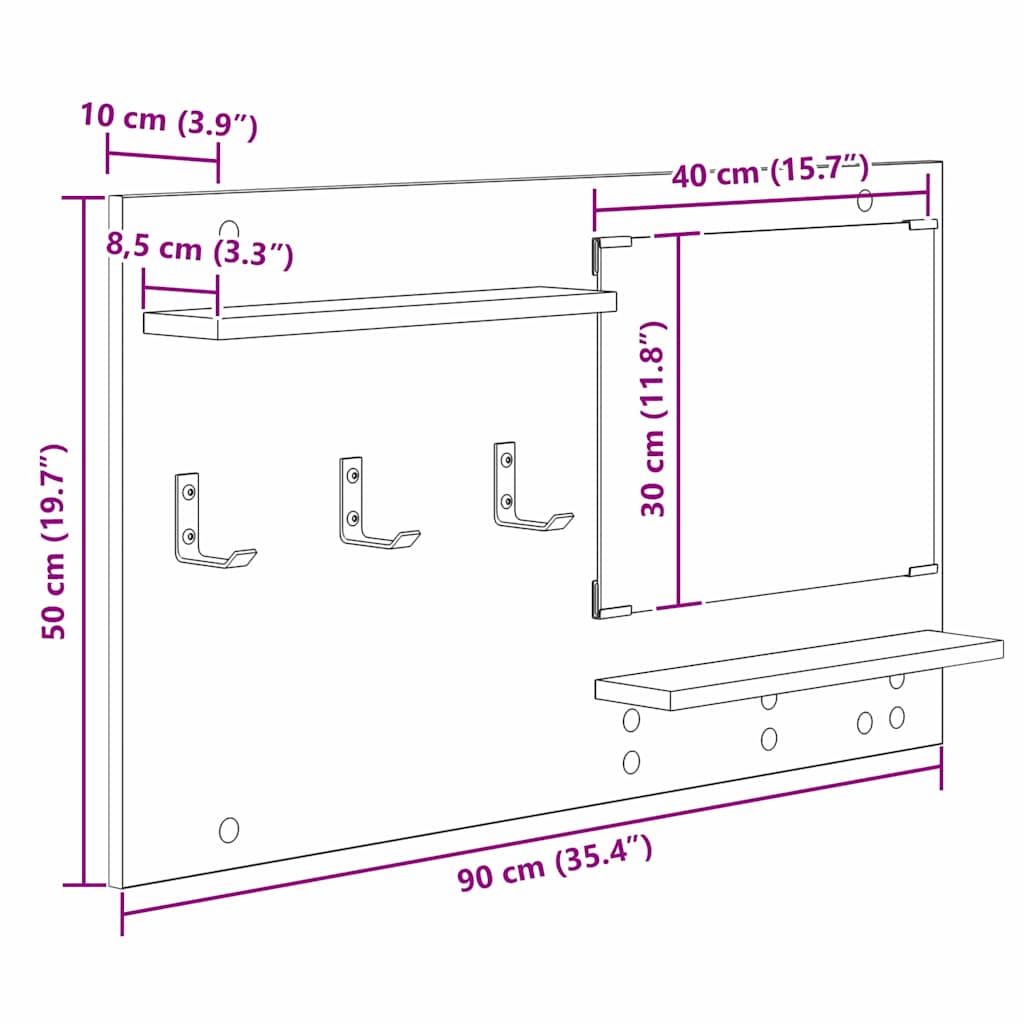 vidaXL Τοίχου Κρεμάστρα Επιτοίχιο Δρύς Sonoma 90 x 10 x 50 εκ.