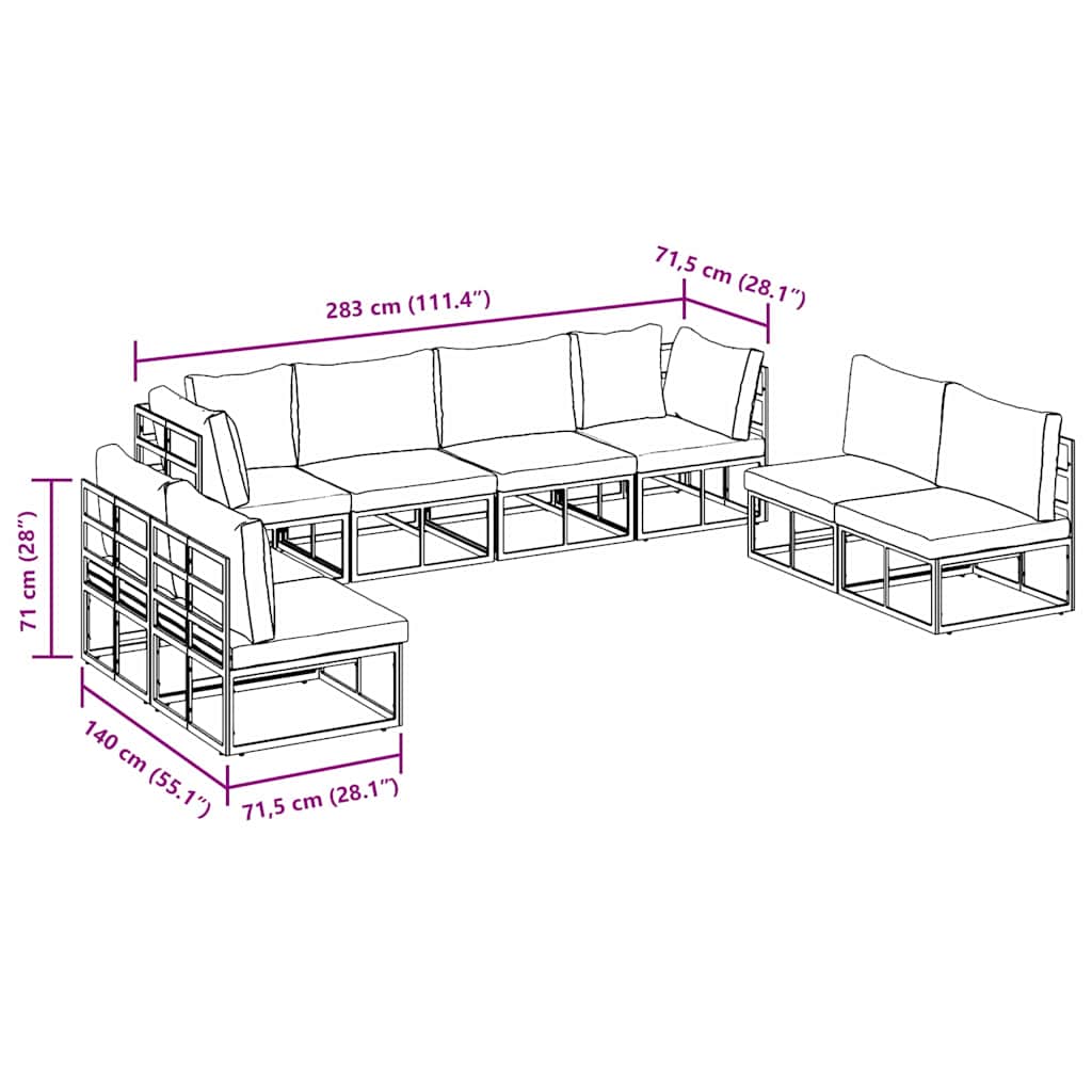 vidaXL Σετ Καναπέ Κήπου 8 pcs Μαύρο 283 x 71.5 x 71 εκ. Αλουμίνιο