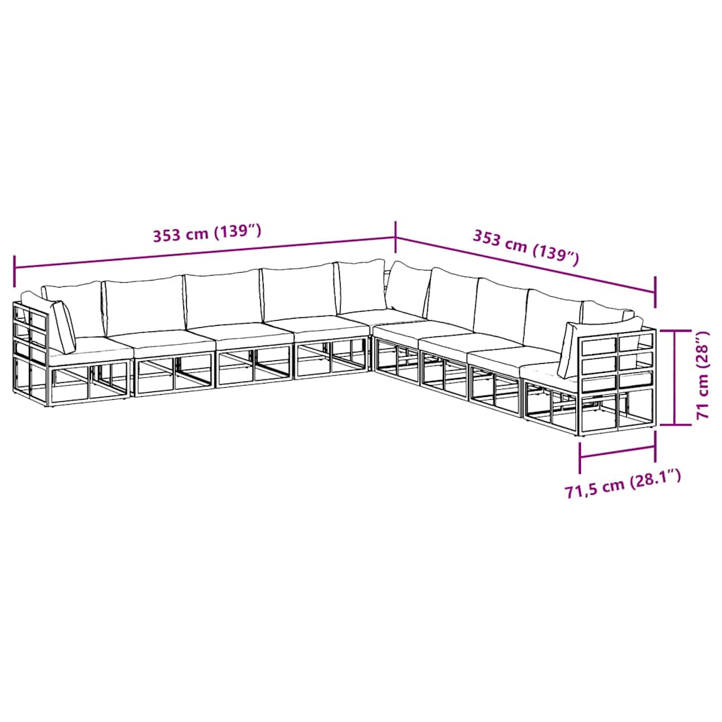 vidaXL Σετ Καναπέ Κήπου 9 pcs Μαύρο 353 x 353 x 71 εκ Αλουμίνιο
