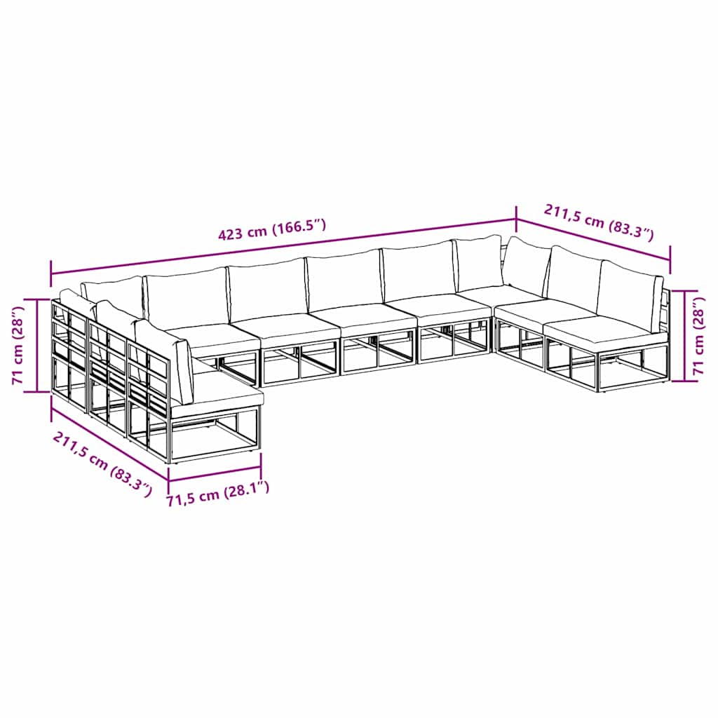 vidaXL Σετ Καναπέ Κήπου 10 pcs Μαύρο 423 x 211.5 x 71 εκ Αλουμίνιο
