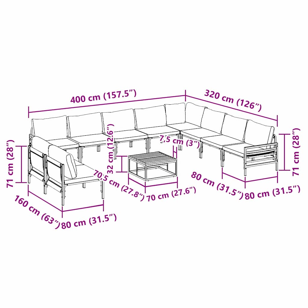 vidaXL Σετ Καναπέ Κήπου 11 pcs Ανθρακί Ατσάλι