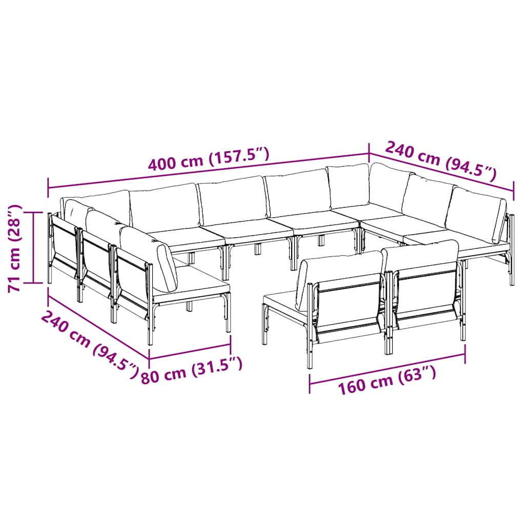 vidaXL Σετ Καναπέ Κήπου με μαξιλάρι 11 pcs Μαύρο Ατσάλι