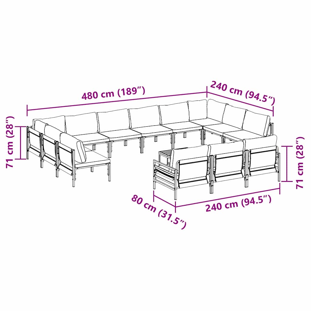 vidaXL Σετ Καναπέ Κήπου με μαξιλάρι 14 pcs Μαύρο Ατσάλι