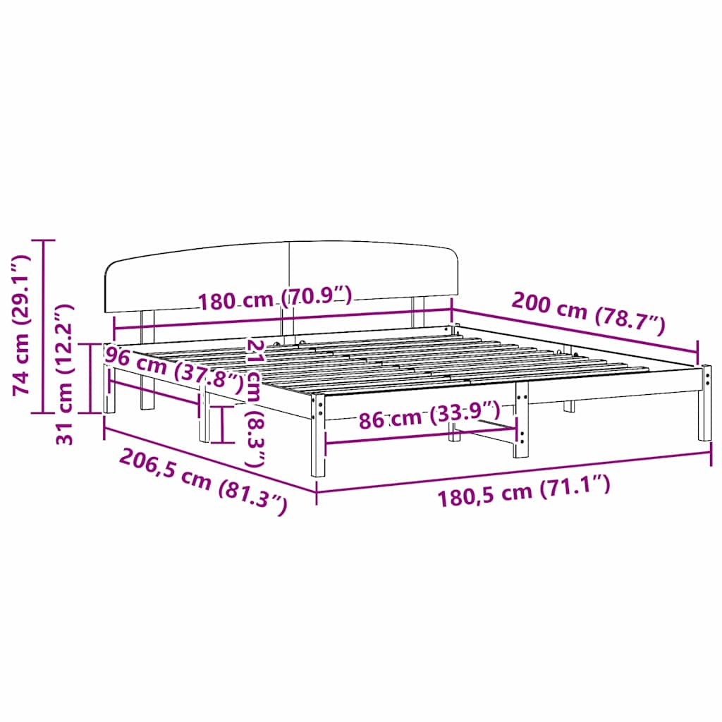 vidaXL Σκελετός Κρεβατιού Λευκό 180 x 200 cm Μασίφ ξύλο πεύκου