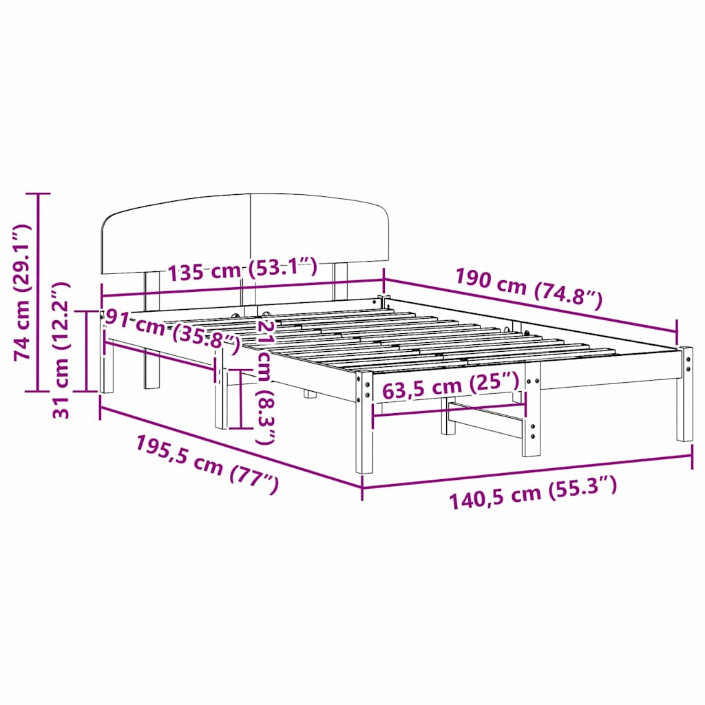 vidaXL Σκελετός Κρεβατιού Καφέ 135 x 190 cm Μασίφ ξύλο πεύκου