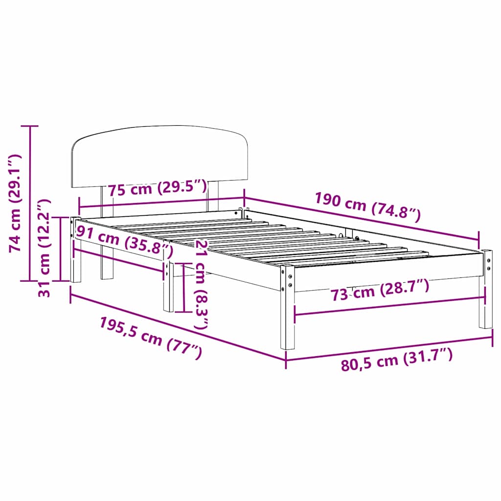 vidaXL Σκελετός Κρεβατιού Κερωτό καφέ 75 x 190 cm Στερεά ξυλεία πεύκου