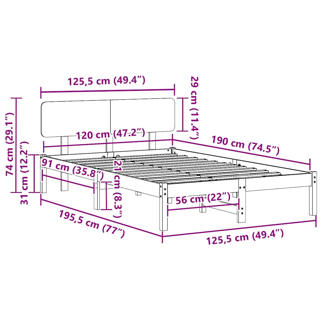 vidaXL Σκελετός Κρεβατιού με κεφαλάρι Φυσικό 120 x 190 cm
