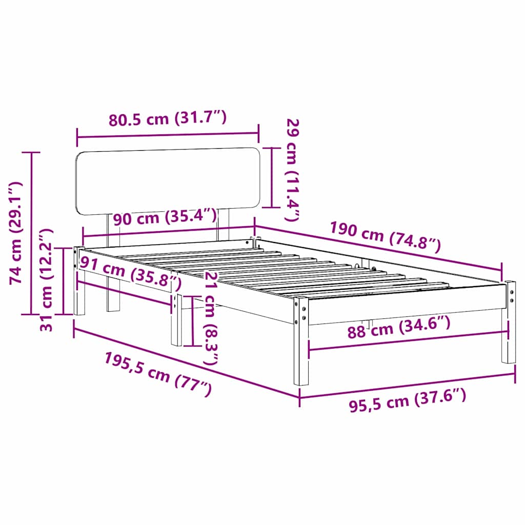 vidaXL Σκελετός Κρεβατιού με κεφαλάρι Φυσικό 90 x 190 cm