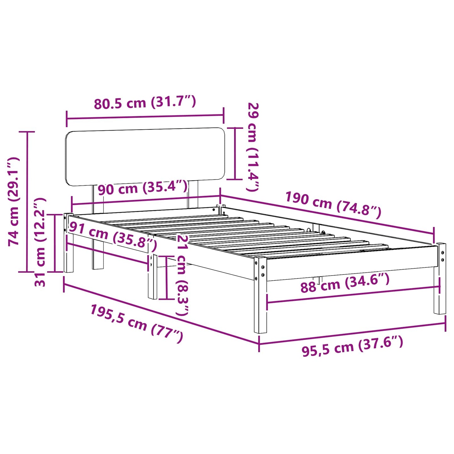 vidaXL Σκελετός Κρεβατιού με κεφαλάρι Λευκό 90 x 190 cm