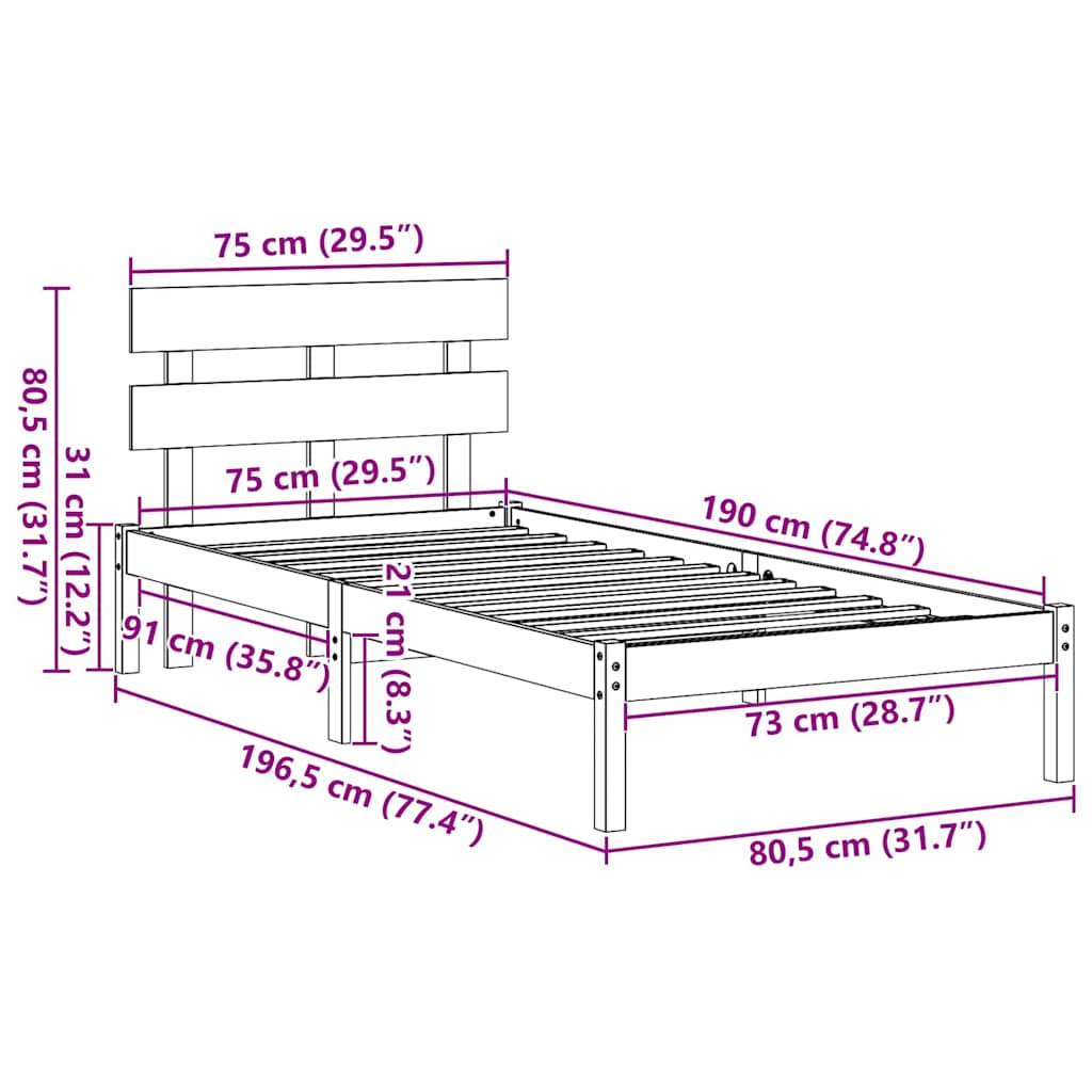 vidaXL Σκελετός Κρεβατιού Καφέ 75 x 190 cm Μασίφ ξύλο πεύκου