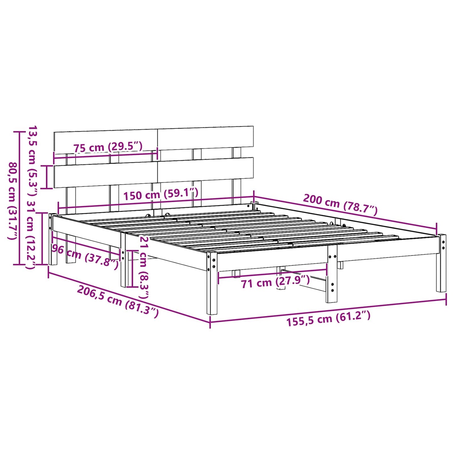 vidaXL Σκελετός Κρεβατιού Λευκό 150 x 200 cm Μασίφ ξύλο πεύκου