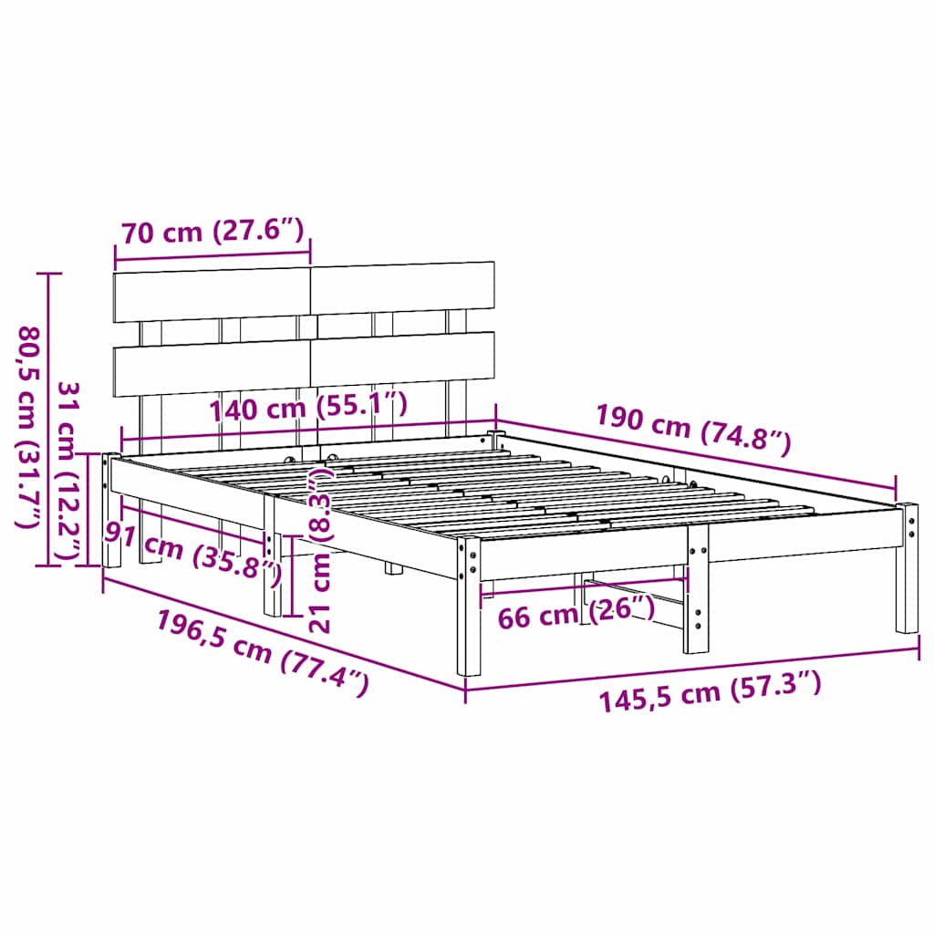 vidaXL Σκελετός Κρεβατιού Καφέ 140 x 190 cm Μασίφ ξύλο πεύκου