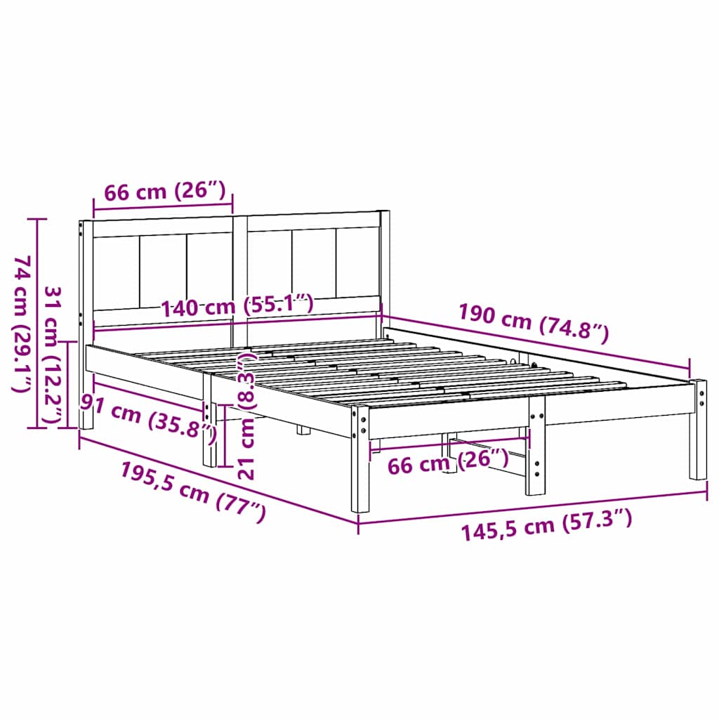 vidaXL Σκελετός Κρεβατιού Καφέ 140 x 190 cm Μασίφ ξύλο πεύκου