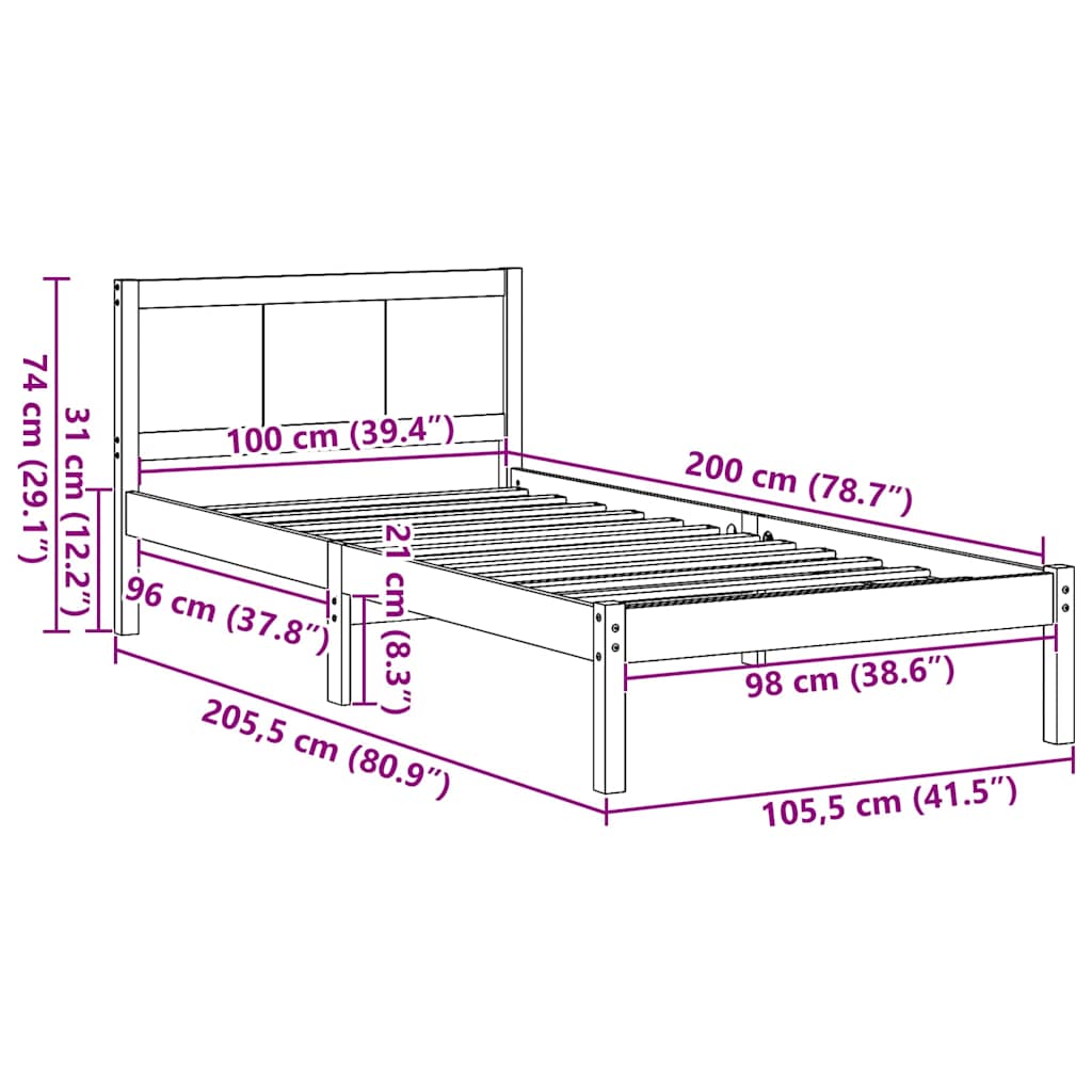vidaXL Σκελετός Κρεβατιού Λευκό 100 x 200 cm Μασίφ ξύλο πεύκου