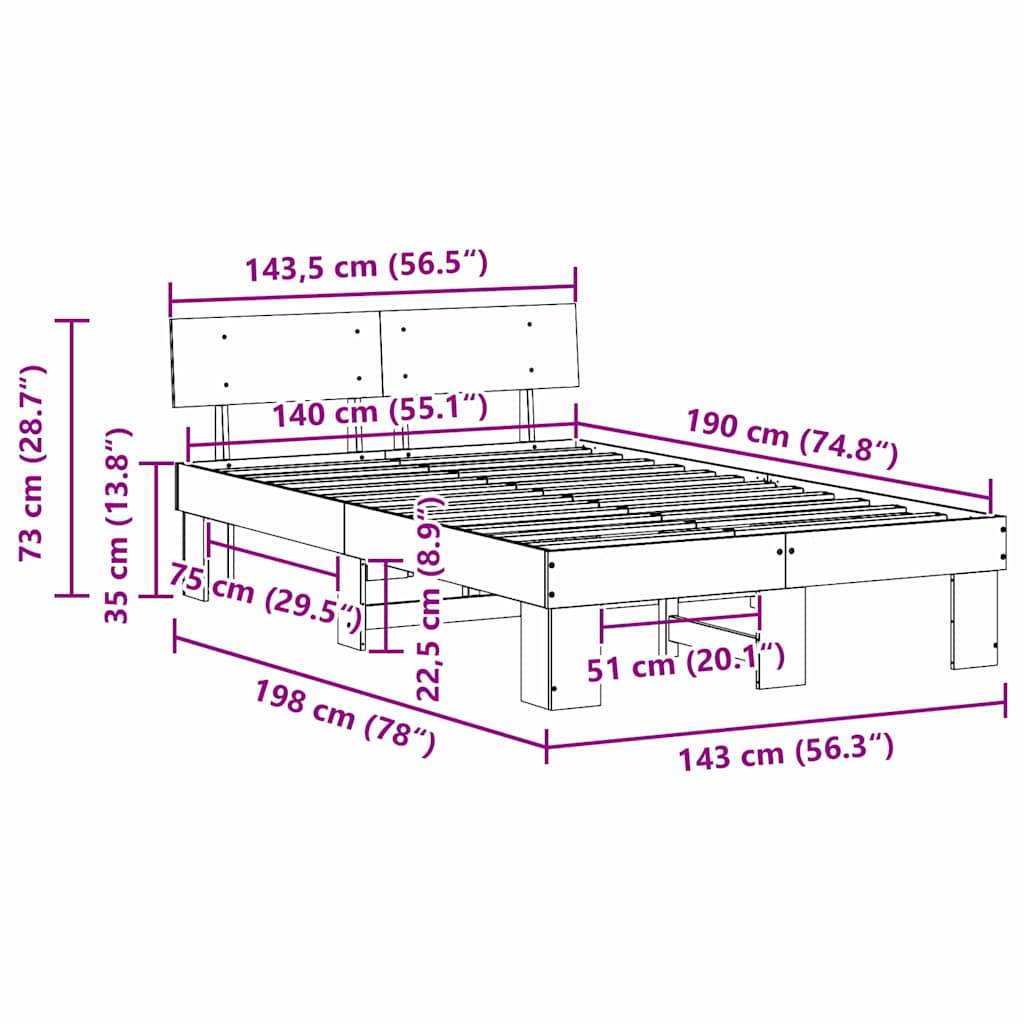 vidaXL Σκελετός Κρεβατιού Φυσικό 140 x 190 cm Στερεά ξυλεία πεύκου