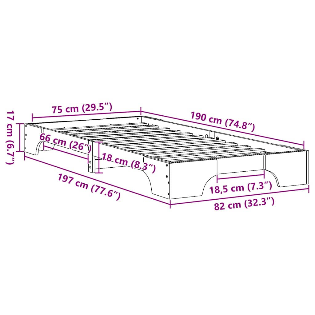 vidaXL Σκελετός Κρεβατιού Φυσικό 75 x 190 cm Στερεά ξυλεία πεύκου