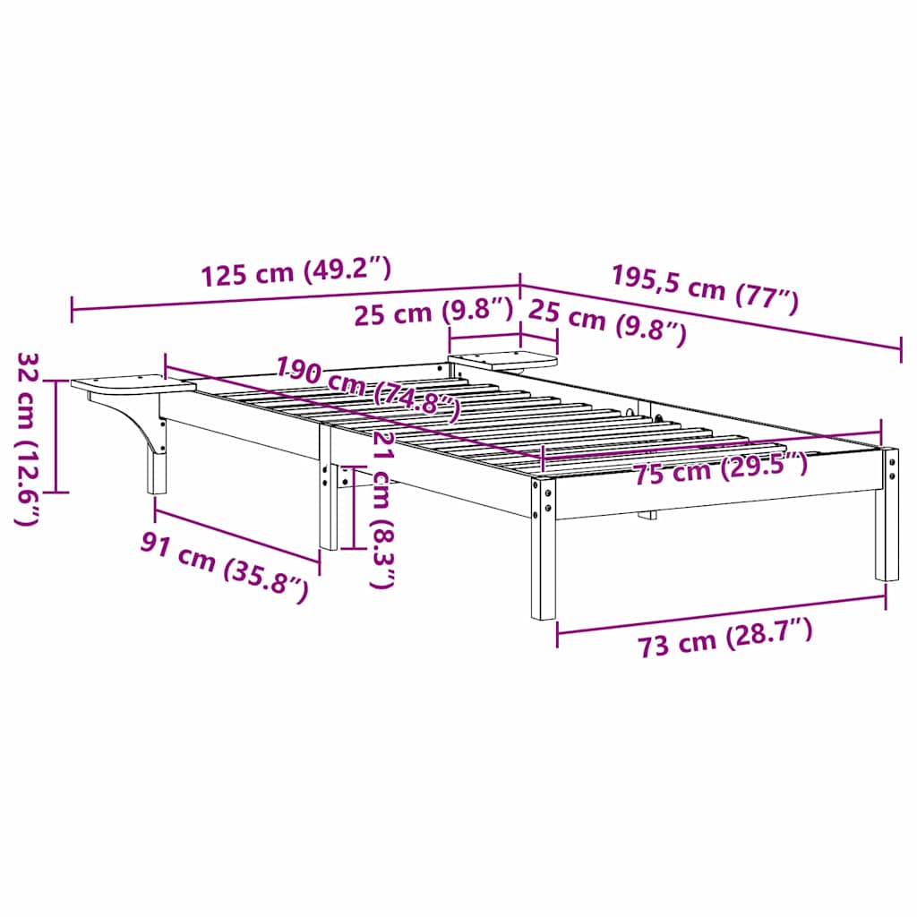vidaXL Σκελετός Κρεβατιού Κερωτό καφέ 75 x 190 cm Στερεά ξυλεία πεύκου