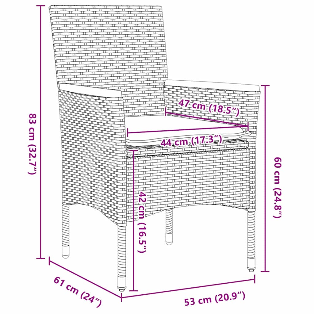 vidaXL Σέτ φαγητού για κήπο με μαξιλάρι 3 pcs Μαύρο Πολυ ράταν
