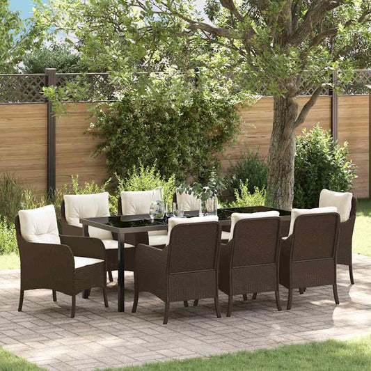 vidaXL Σέτ φαγητού για κήπο με μαξιλάρι 9 pcs Καφέ συνθετικό ρατάν