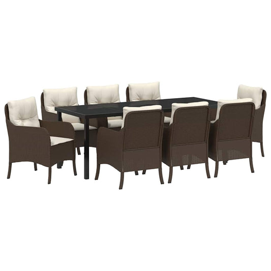 vidaXL Σέτ φαγητού για κήπο με μαξιλάρι 9 pcs Καφέ συνθετικό ρατάν