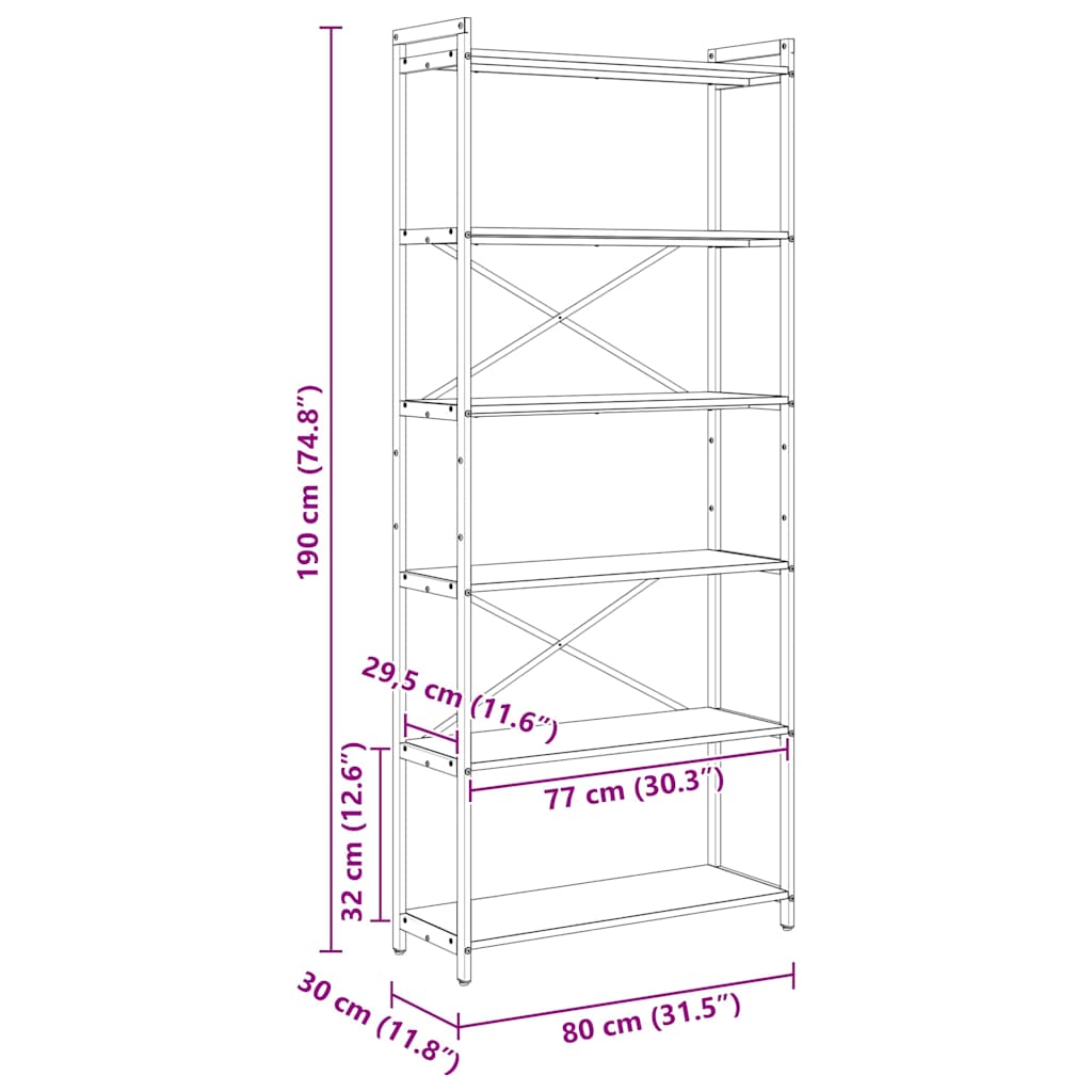 vidaXL Βιβλιοθήκη Μαύρη δρυς 80 x 30 x 188 εκ Επεξεργασμένο ξύλο