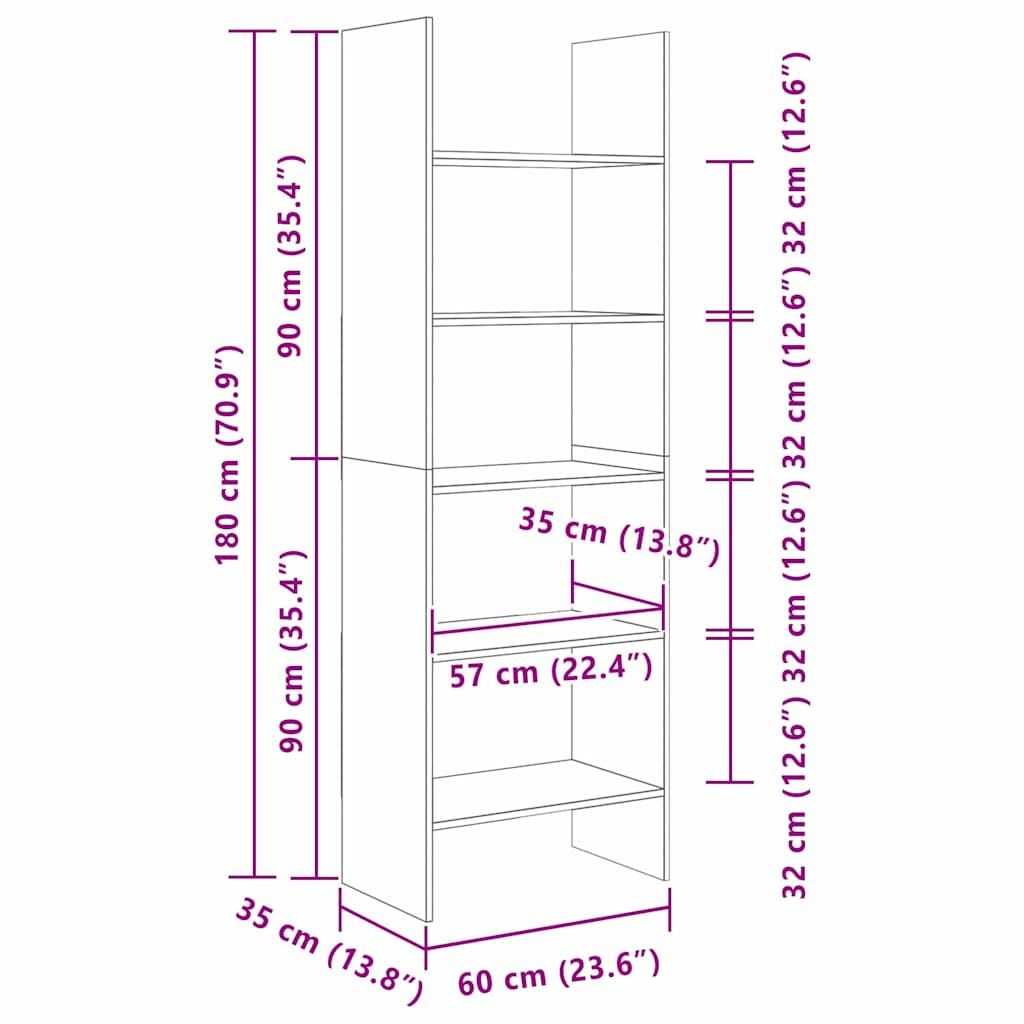 vidaXL Βιβλιοθήκη Μαύρη δρυς 60 x 35 x 180 εκατοστά Επεξεργασμένο ξύλο