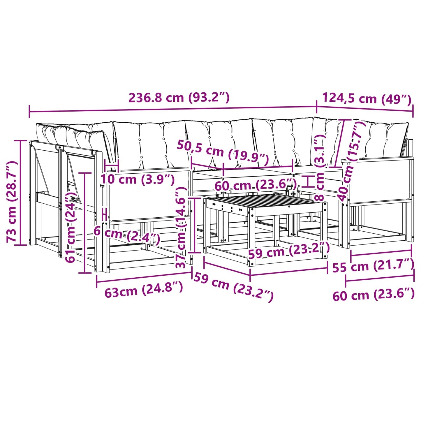 vidaXL Σειρά Καναπέ Εξωτερικού με μαξιλάρι 7 pcs Φυσικό και Κρέμα