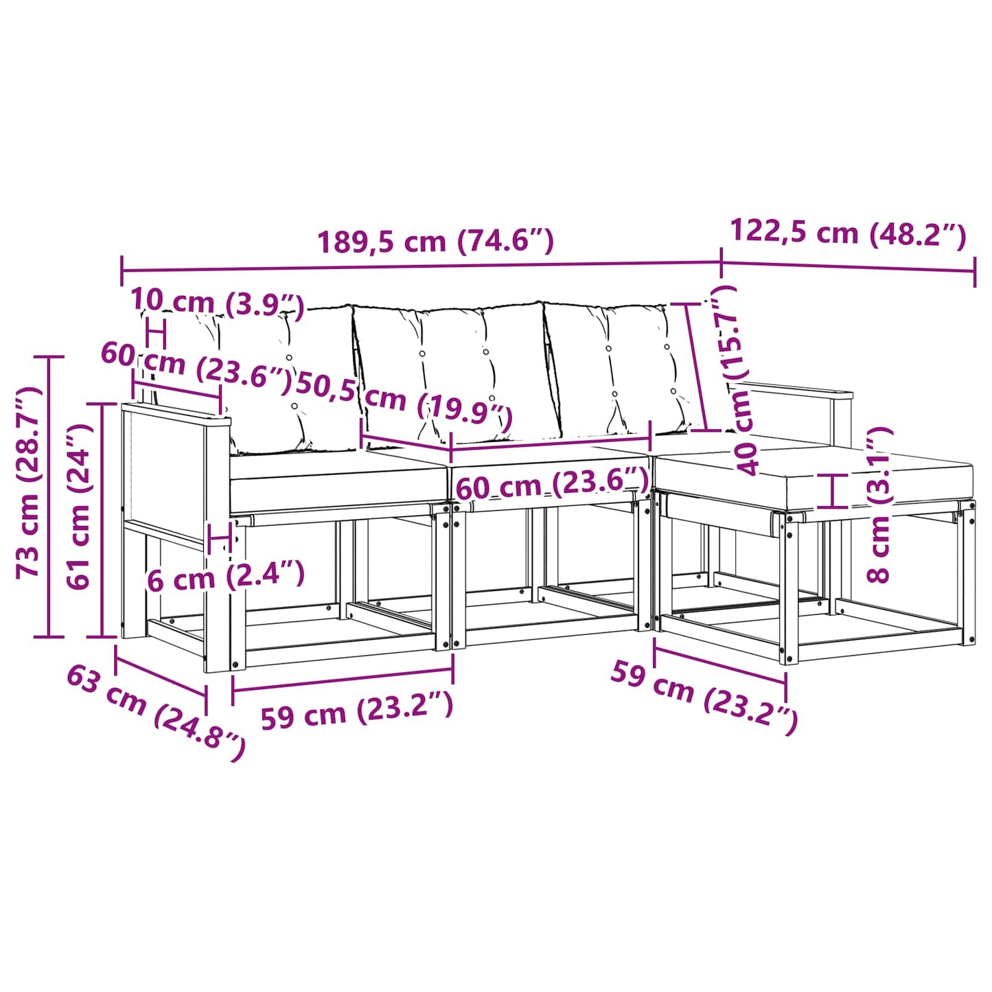 vidaXL Σειρά Καναπέ Εξωτερικού με μαξιλάρι 4 pcs Φυσικό και Κρέμα