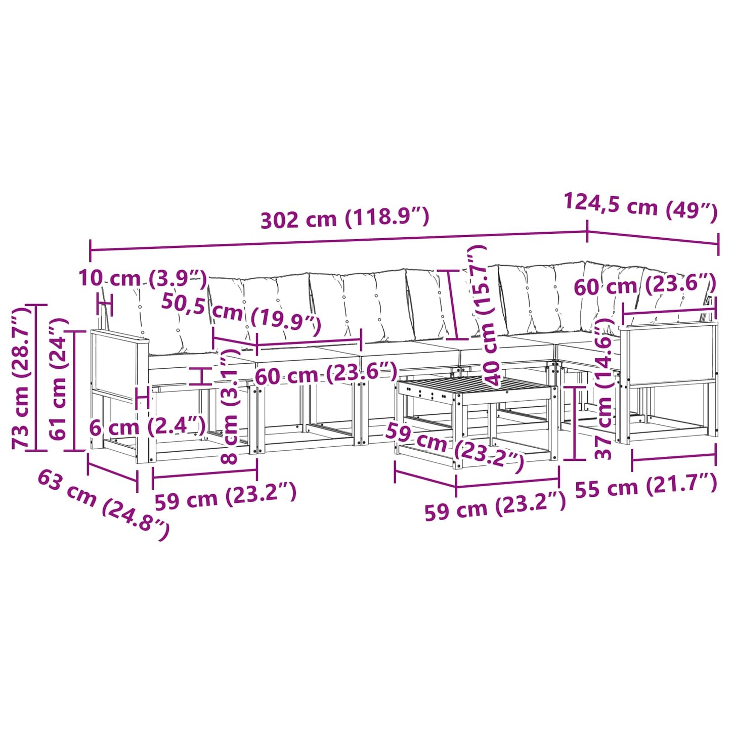 vidaXL Σειρά Καναπέ Εξωτερικού με μαξιλάρι 7 pcs Φυσικό και Μαύρο