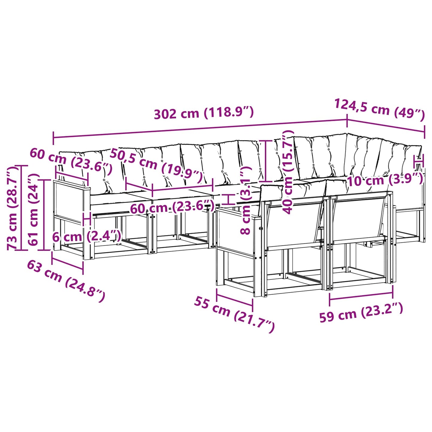 vidaXL Σειρά Καναπέ Εξωτερικού με μαξιλάρι 8 pcs Φυσικό και Κρέμα