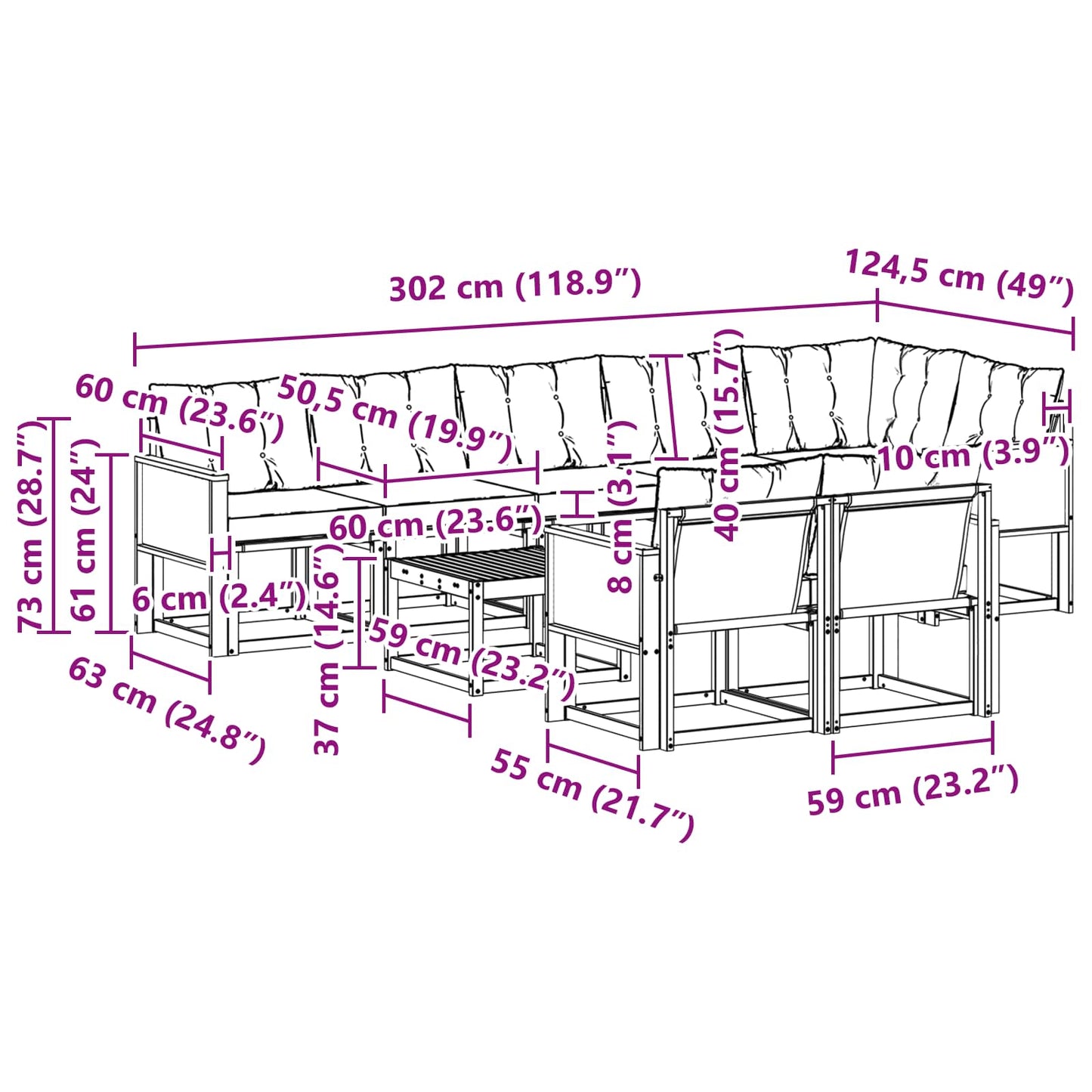 vidaXL Σειρά Καναπέ Εξωτερικού με μαξιλάρι 9 pcs Φυσικό και Μαύρο