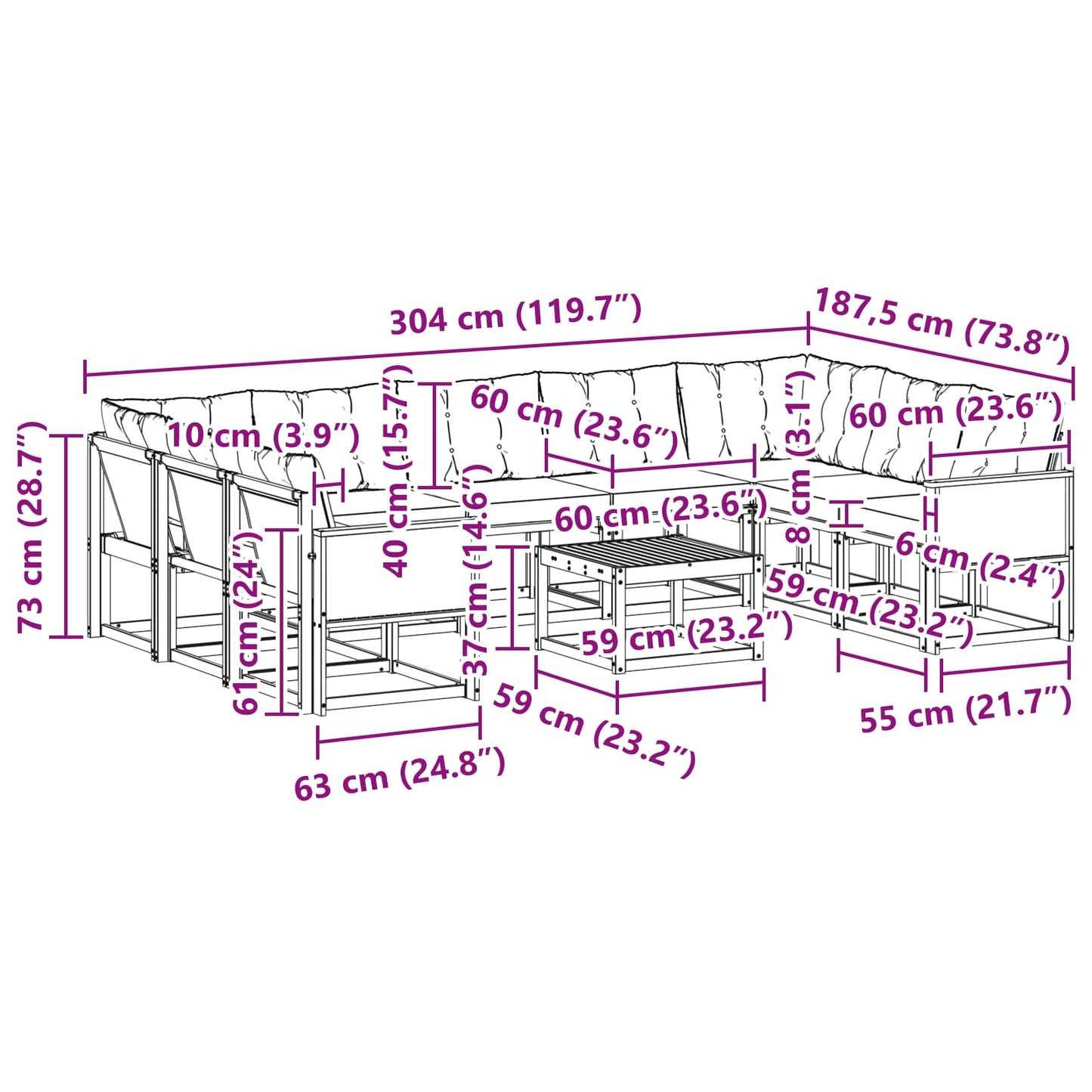 vidaXL Σειρά Καναπέ Εξωτερικού με μαξιλάρι 10 pcs Φυσικό και Κρέμα