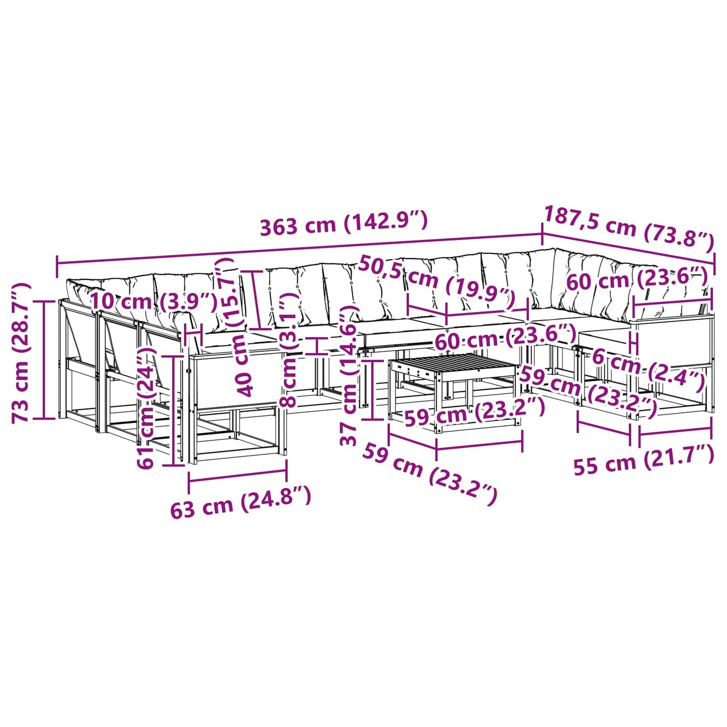 vidaXL Σειρά Καναπέ Εξωτερικού με μαξιλάρι 11 pcs Φυσικό και Μαύρο