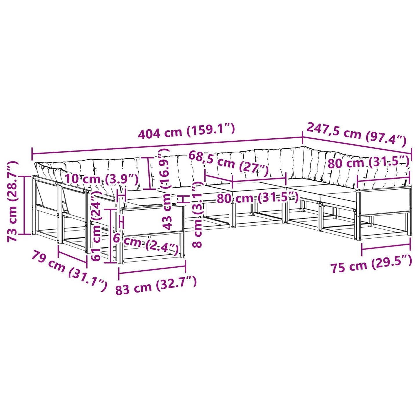 vidaXL Σειρά Καναπέ Εξωτερικού με μαξιλάρι 9 pcs Φυσικό και Μπεζ