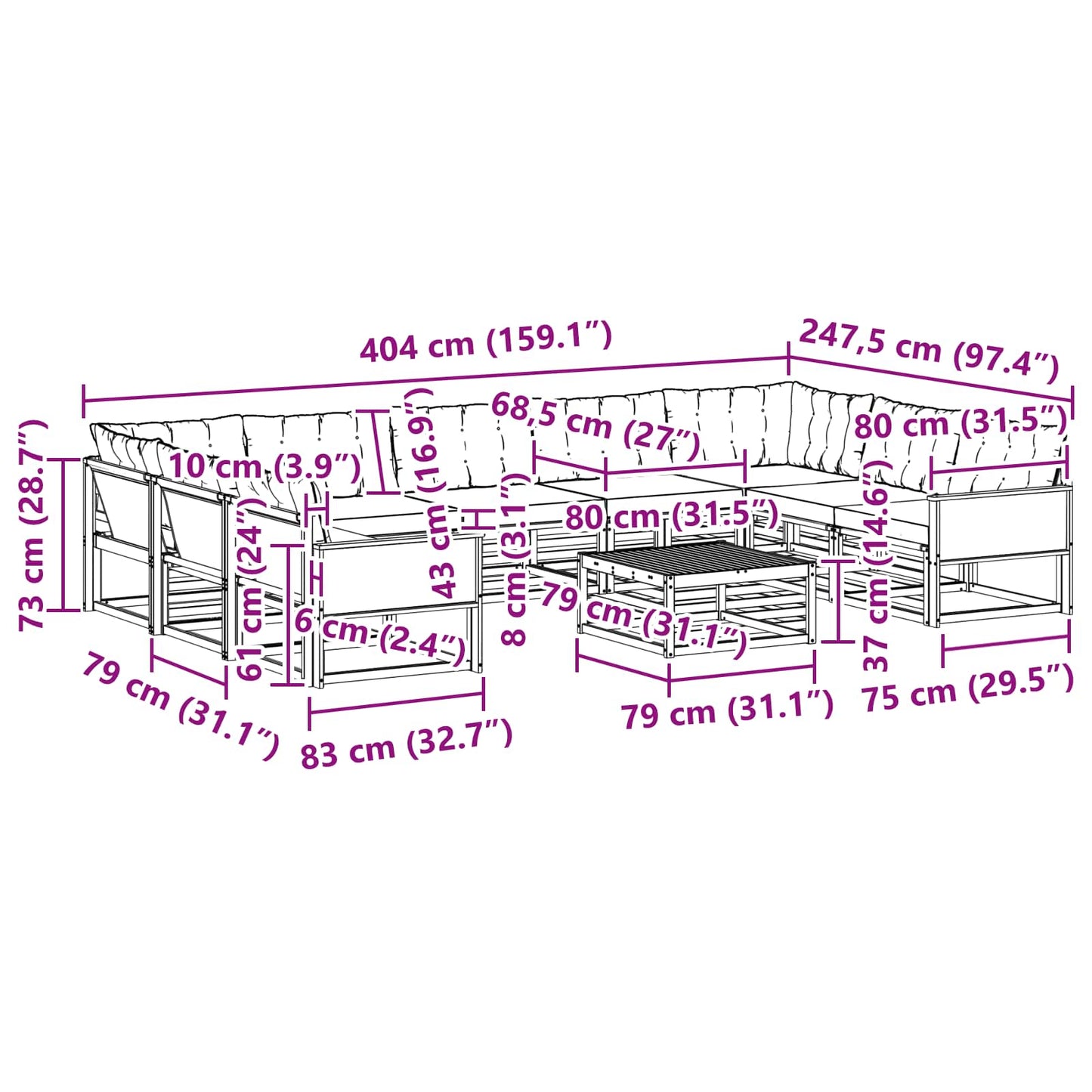 vidaXL Σειρά Καναπέ Εξωτερικού με μαξιλάρι 10 pcs Φυσικό και Μαύρο