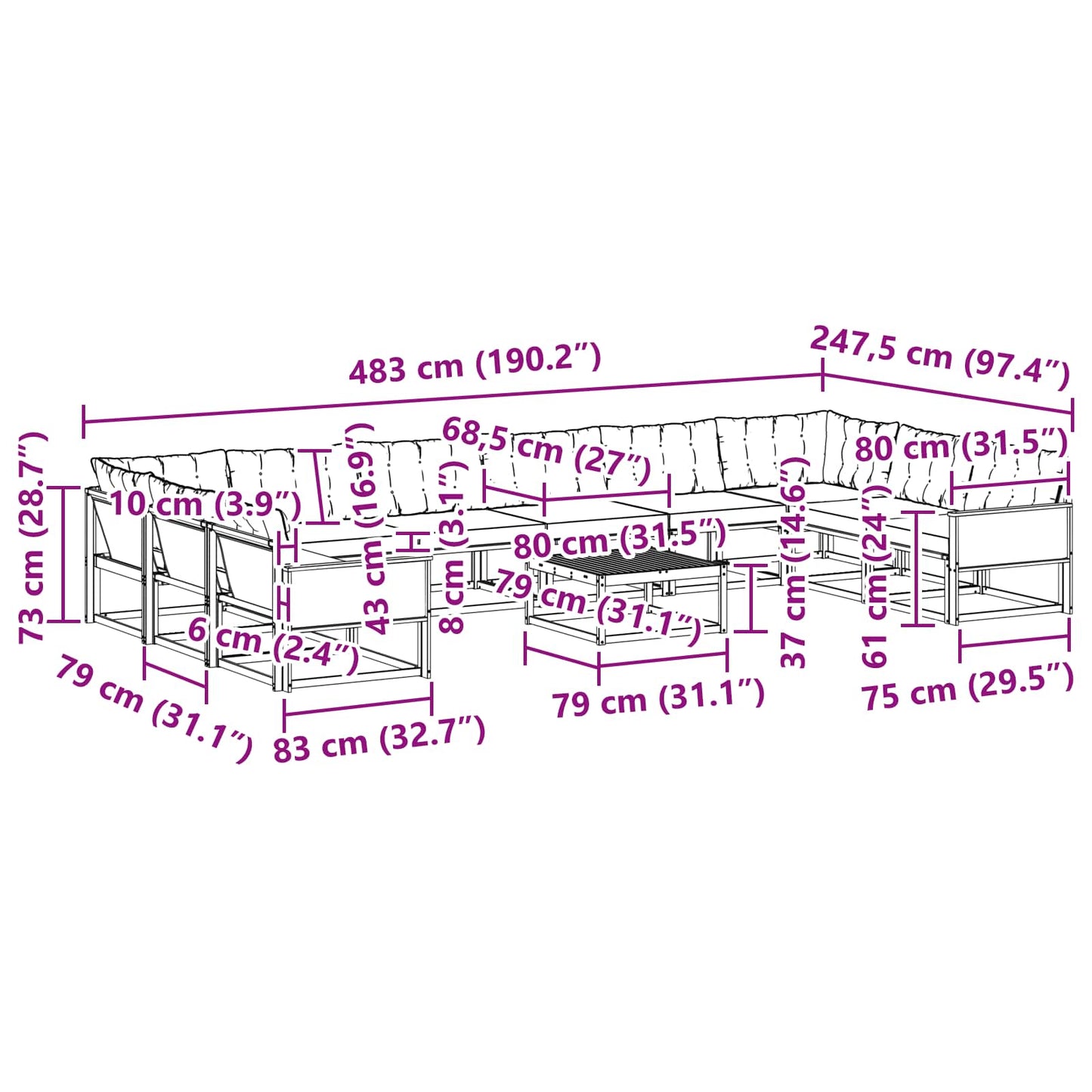 vidaXL Σειρά Καναπέ Εξωτερικού με μαξιλάρι 11 pcs Φυσικό και Κρέμα