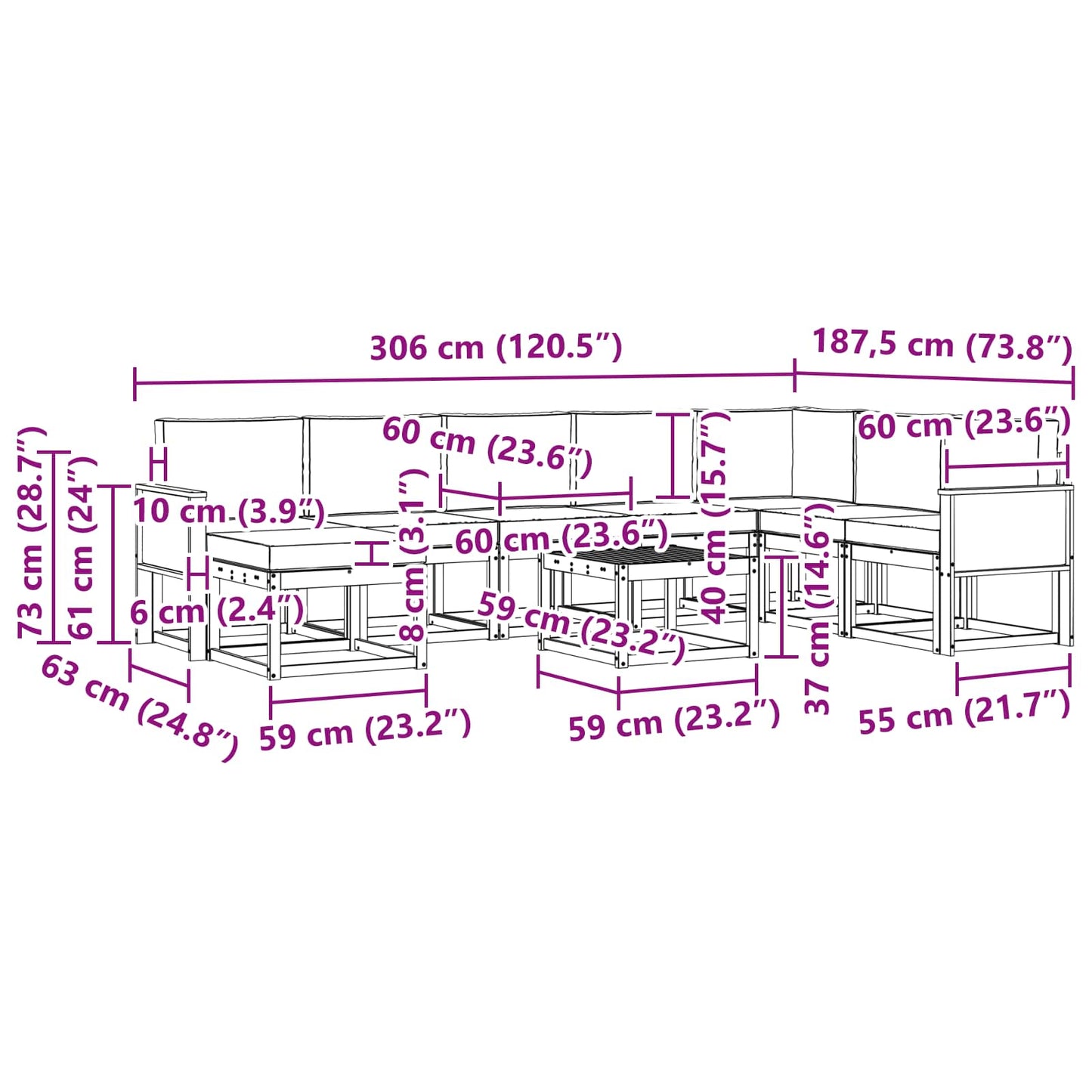 vidaXL Σειρά Καναπέ Εξωτερικού με μαξιλάρι 9 pcs Φυσικό και Ανθρακί