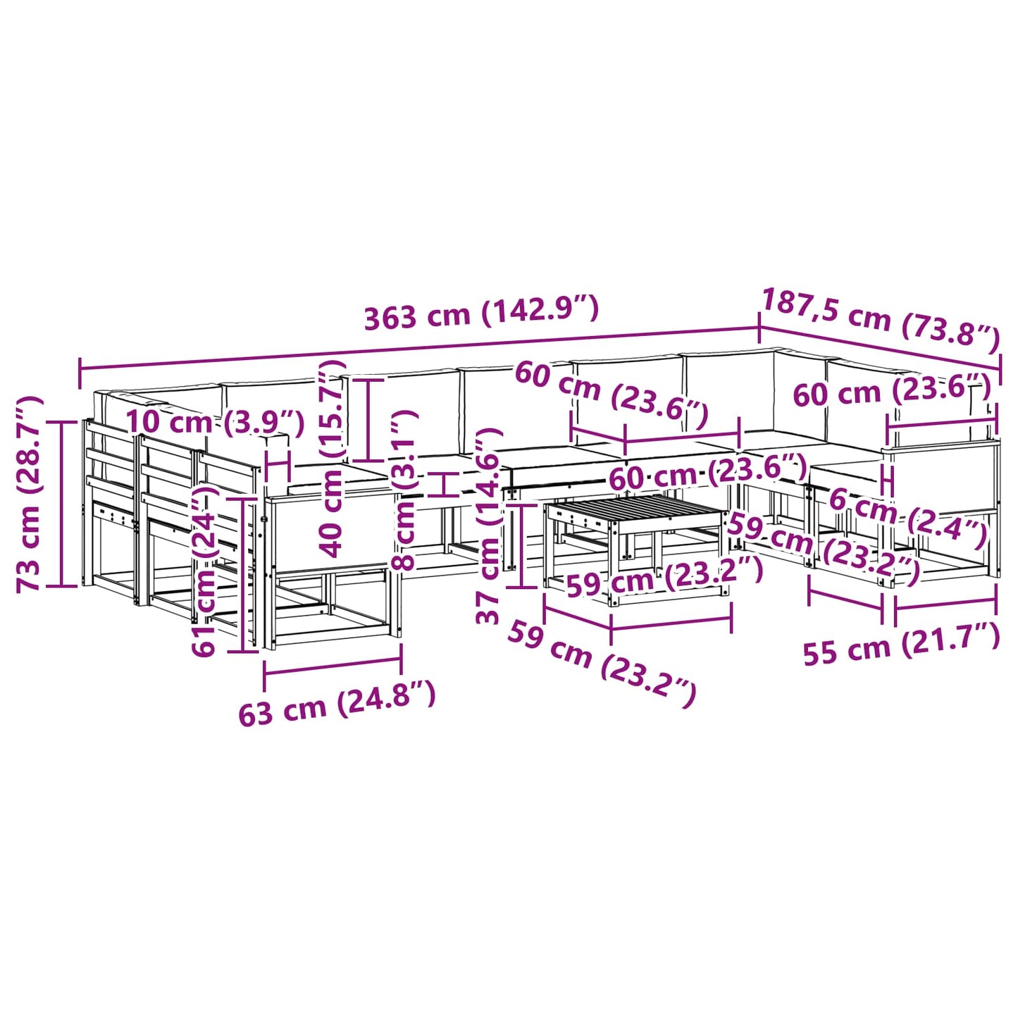vidaXL Σειρά Καναπέ Εξωτερικού με μαξιλάρι 11 pcs Φυσικό και Ανθρακί