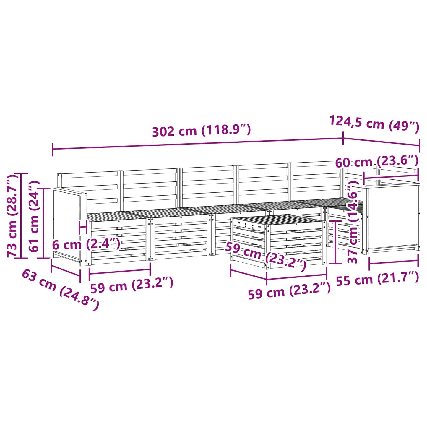 vidaXL Σαλονάκι Γωνιακού Καναπέ 6 pcs Φυσικό Στερεό Ξύλο Ακακίας