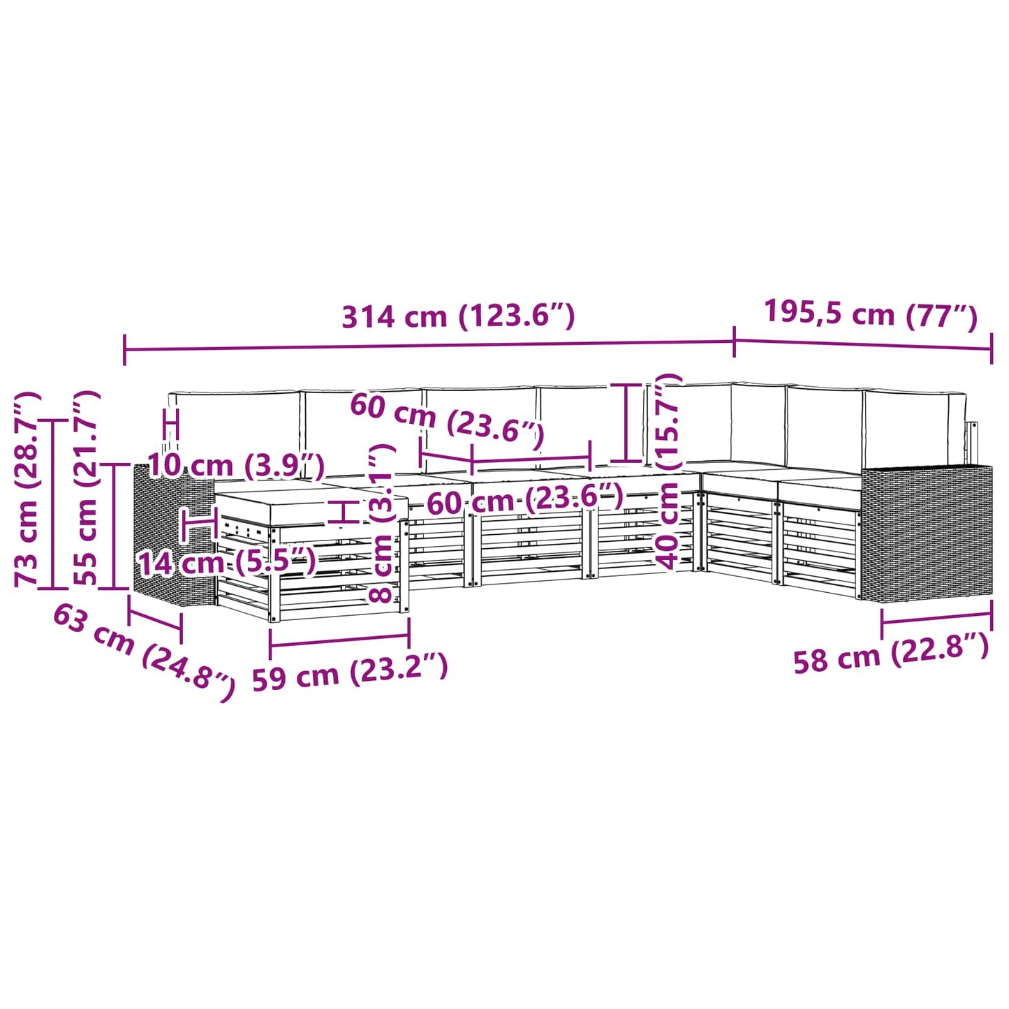 vidaXL Σειρά Καναπέ Εξωτερικού με μαξιλάρι 8 pcs Φυσικό και Ανθρακί