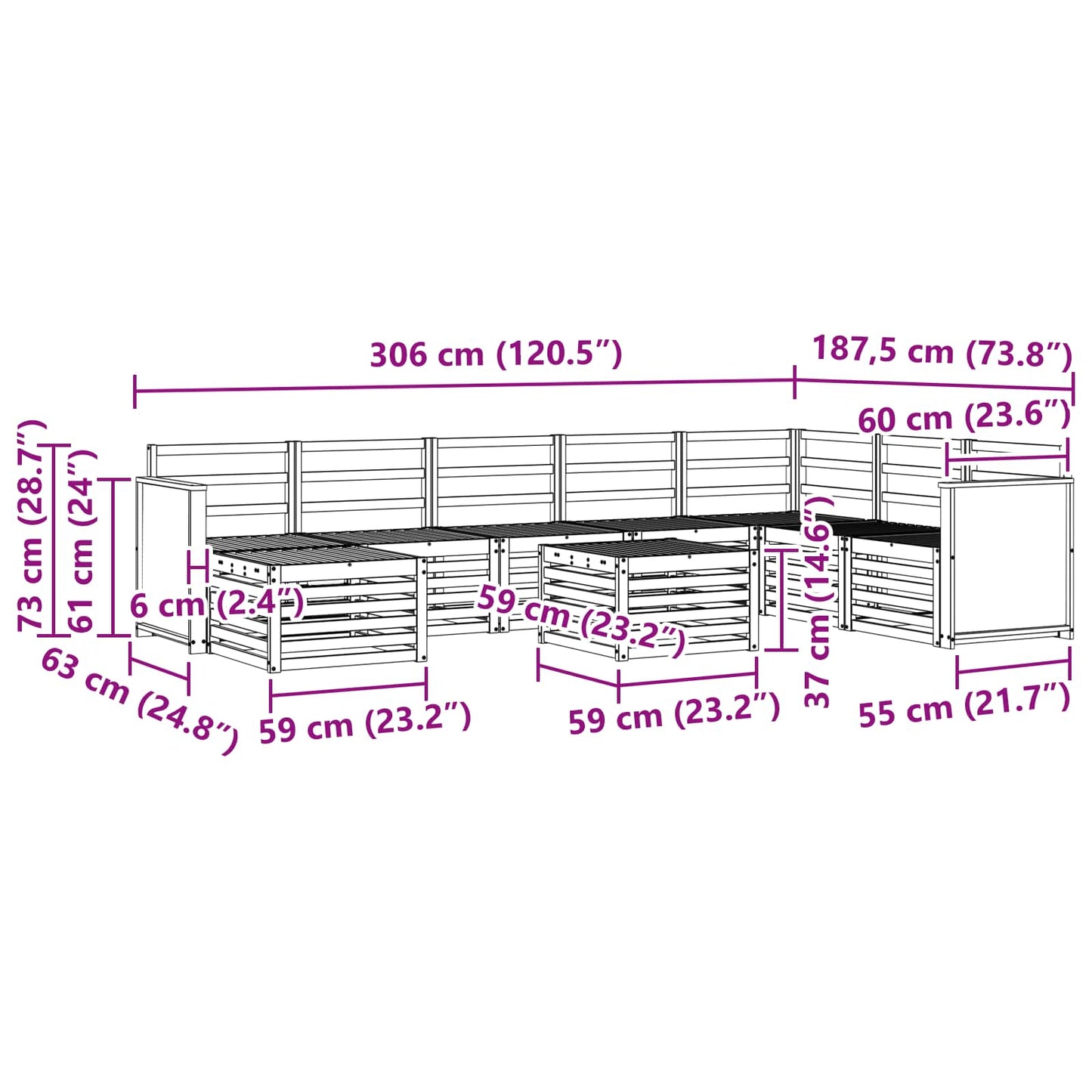 vidaXL Σειρά Καναπέ Εξωτερικού 7 pcs Φυσικό Στερεό Ξύλο Ακακίας