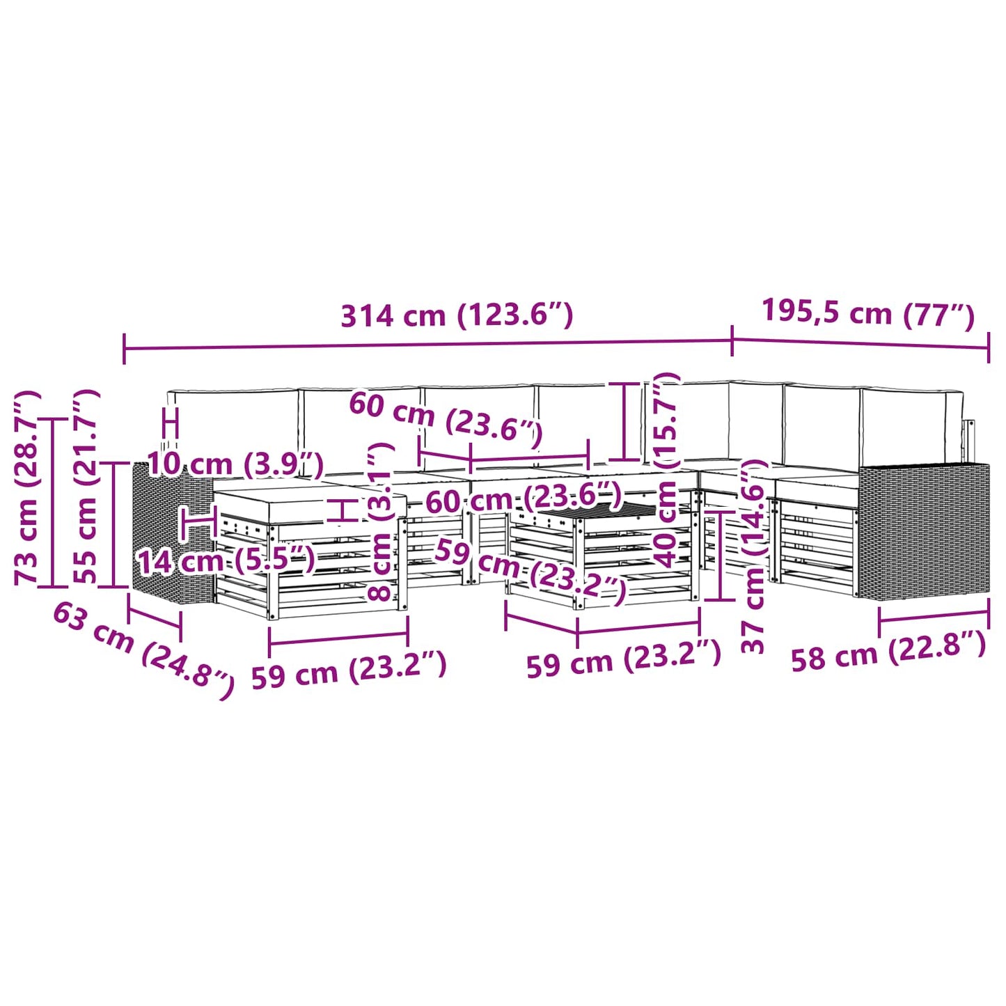 vidaXL Σειρά Καναπέ Εξωτερικού με μαξιλάρι 9 pcs Φυσικό και Μπεζ