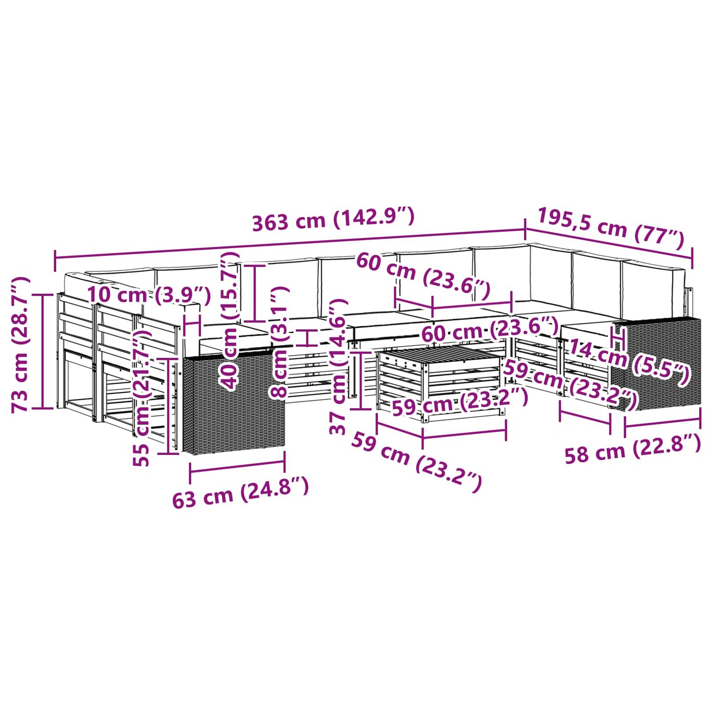 vidaXL Σειρά Καναπέ Εξωτερικού 11 pcs Φυσικό και Μπεζ Πολυεστέρας