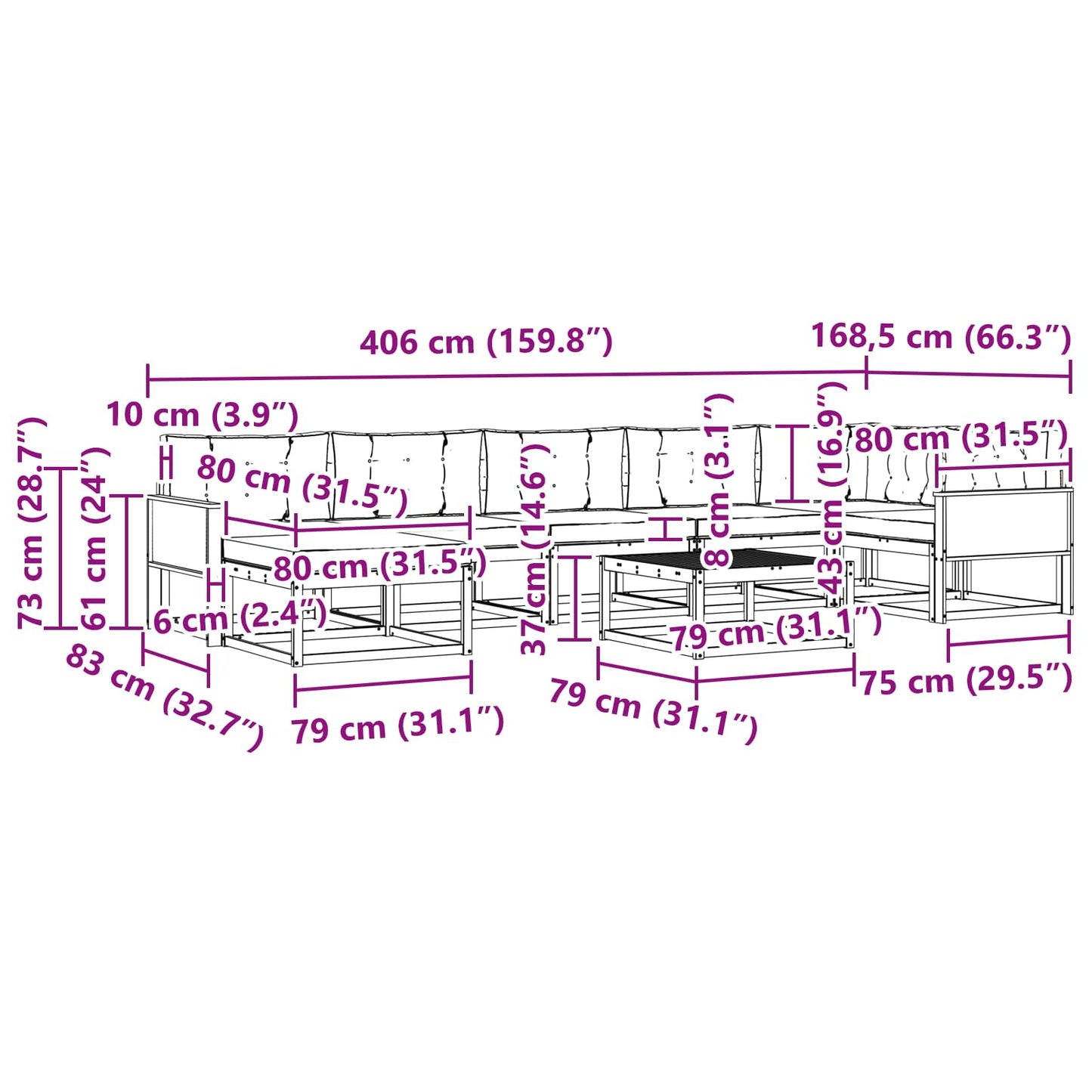 vidaXL Σειρά Καναπέ Εξωτερικού με μαξιλάρι 8 pcs Φυσικό και Ανθρακί