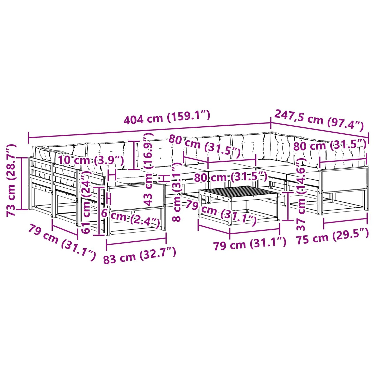 vidaXL Σειρά Καναπέ Εξωτερικού με μαξιλάρι 10 pcs Φυσικό και Ανθρακί