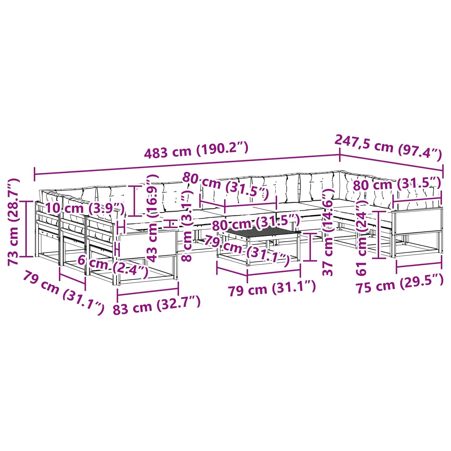 vidaXL Σειρά Καναπέ Εξωτερικού με μαξιλάρι 11 pcs Φυσικό και Μπεζ