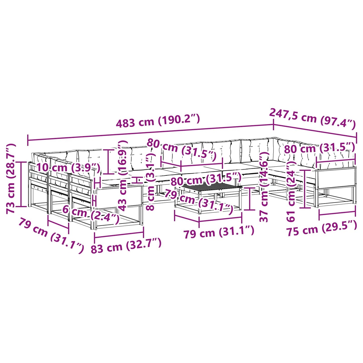 vidaXL Σειρά Καναπέ Εξωτερικού με μαξιλάρι 11 pcs Φυσικό και Μπεζ