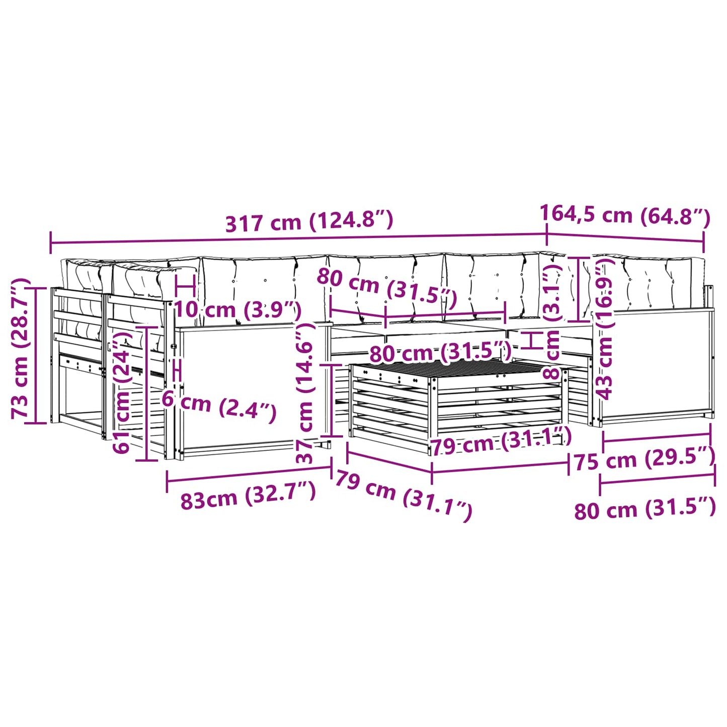 vidaXL Σειρά Καναπέ Εξωτερικού με μαξιλάρι 7 pcs Φυσικό και Ανθρακί