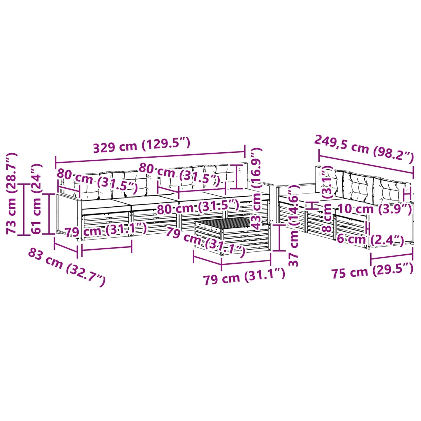 vidaXL Σειρά Καναπέ Εξωτερικού με μαξιλάρι 8 pcs Φυσικό και Ανθρακί