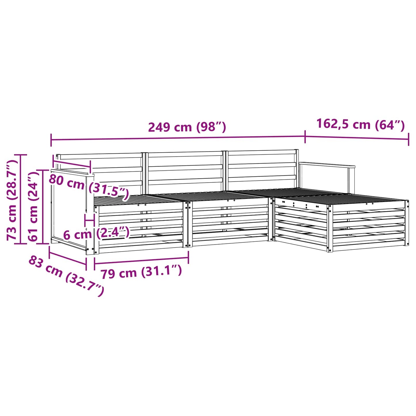 vidaXL Σειρά Καναπέ Εξωτερικού Φυσικό 249 x 162,5 x 73 εκ